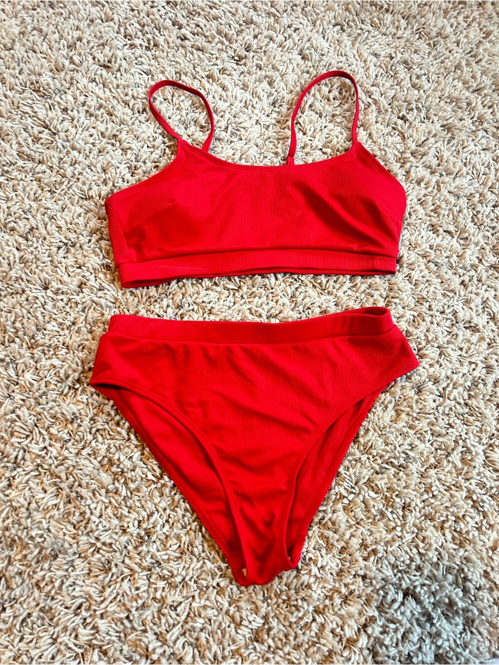 SHEIN Red Ribbed Bralette Bikini Set